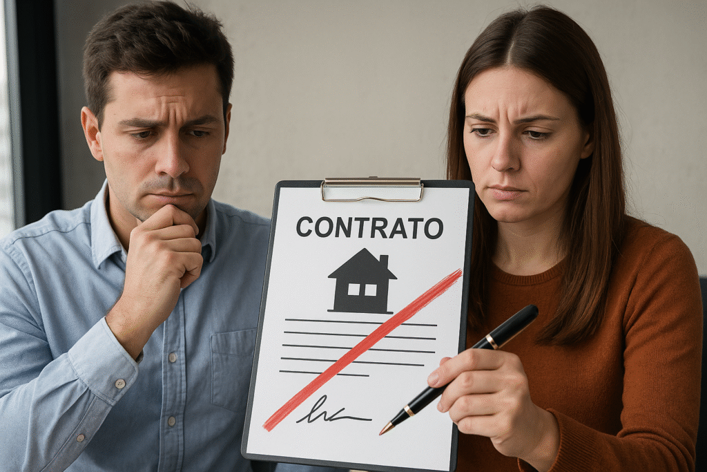 Casal analisando contrato de compra de imóvel na planta com expressão preocupada